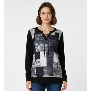 Abstract Patchwork Print Lace Up Top, Women’s L, Black Blue White